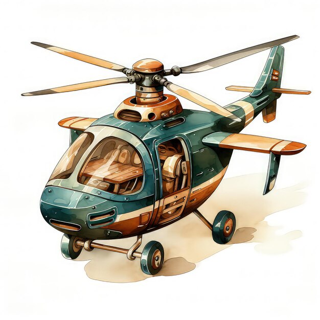 Holz-Öko-Spielzeug-Hubschrauber-Aquarell-Illustration-Clipart