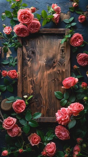 Holz natürlicher Hintergrund mit rosa Rosen Top-View-Kopierraum