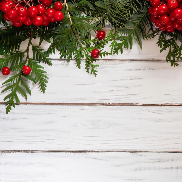 Holz-Neujahrs-Hintergrund weiße Oberfläche grüner Baum rote Beeren