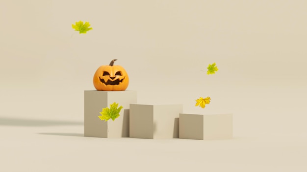 Holz Podium mit Kürbis und Herbstblatt Halloween-Vision Abstract 3D