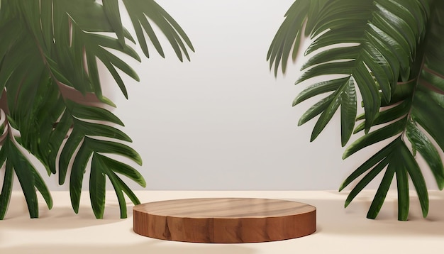 Holz-Podium-Mockup-Display für die Produktpräsentation mit tropischen Palmblättern 3D-Rendering