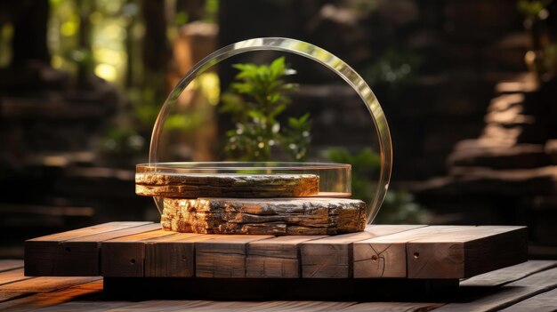 Holz-Podium-Produkt-Display mit schönem Hintergrund und Ornament