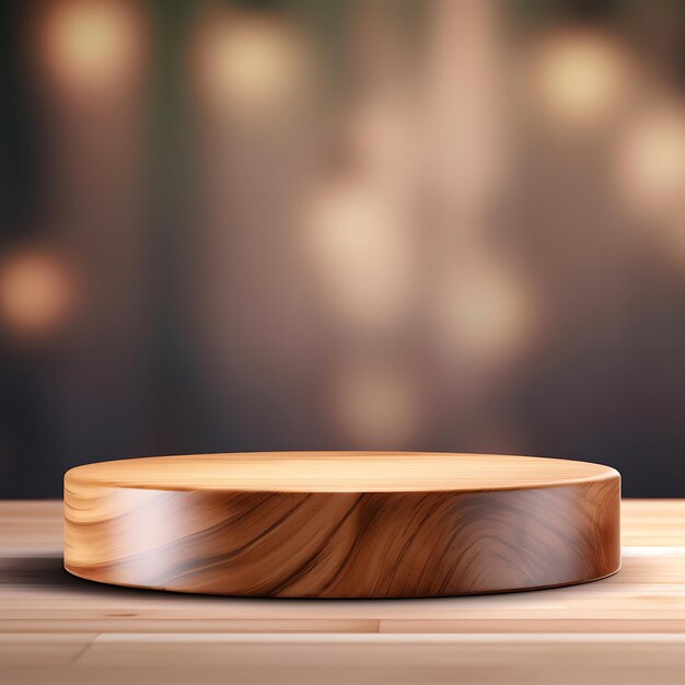 Holz-Produkt-Anzeigepodium mit verschwommenem Studio-Bokeh-Hintergrund