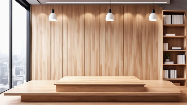 Holz-Produkt-Ausstellungspodium mit verschwommenem modernen Büro-Hintergrund
