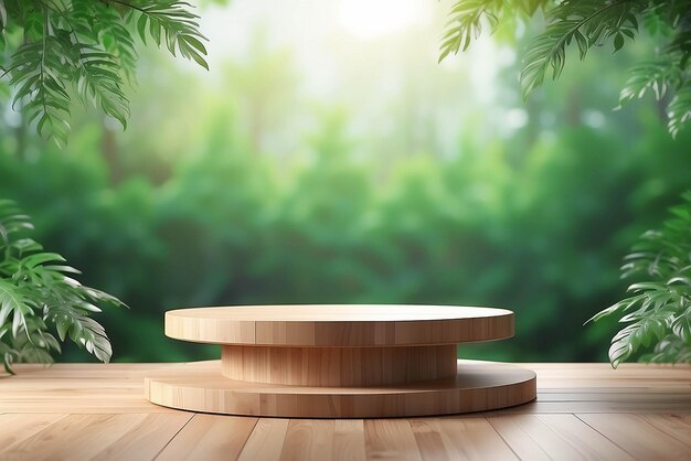 Holz-Produkt-Display-Podium mit verschwommenen Naturblättern im Hintergrund 3D-Rendering