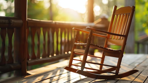 Holz Schaukelstuhl auf einer Veranda mit einem schönen verschwommenen Hintergrund von Bäumen und Sonnenlicht