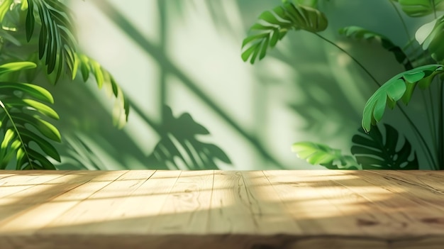Holz-Tisch grünen Wand-Hintergrund mit Sonnenlicht Fenster erstellen Blatt Schatten auf der Wand wit Generative KI