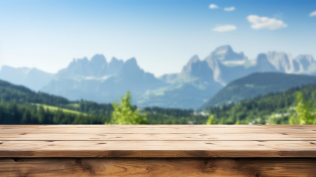 Holz-Tischplatte auf dem Blur-Hügel-Gebirge ein Sonnenaufgang Natur Hintergrund Landschaft mit Schreibtisch Planke kann u sein