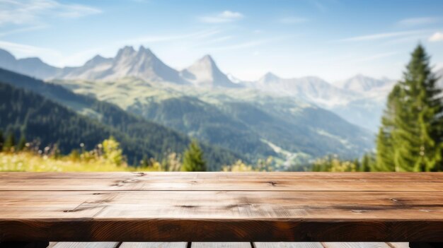 Holz-Tischplatte auf dem Blur-Hügel-Gebirge ein Sonnenaufgang Natur Hintergrund Landschaft mit Schreibtisch Planke kann u sein