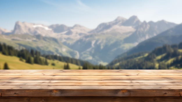 Holz-Tischplatte auf dem Blur-Hügel-Gebirge ein Sonnenaufgang Natur Hintergrund Landschaft mit Schreibtisch Planke kann u sein