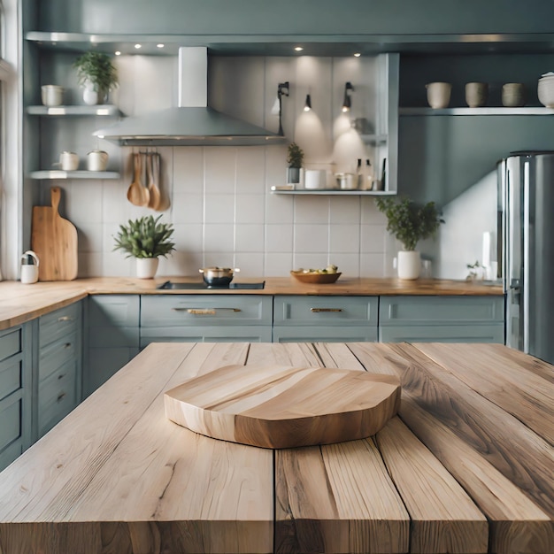 Holz-Tischplatte auf elegantem modernen Küchen-Hintergrund Ai Generated