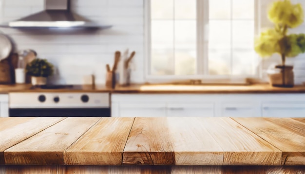 Holz-Tischplatte auf verschwommenem Küchen-Hintergrund kann verwendet werden, um Montage-Produkte anzuzeigen
