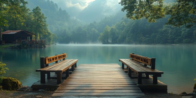 Holzbänke an einem Kai über einem nebligen See, umgeben von bewaldeten Hügeln