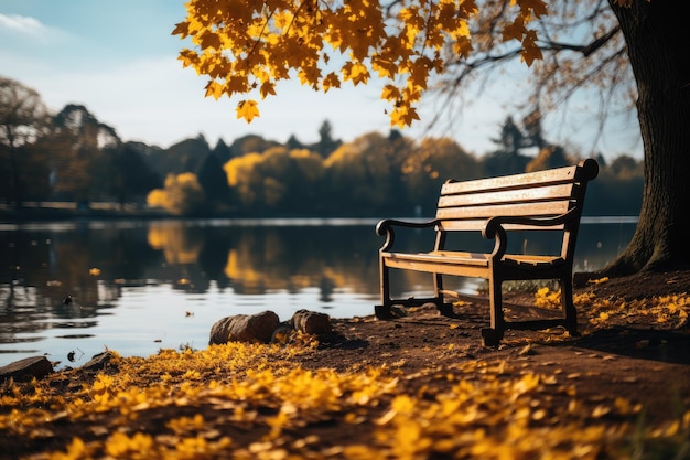 Holzbank am See im Herbstpark Werbebanner Generative KI