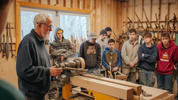 Foto holzbearbeiter, der junge lehrlinge unterrichtet