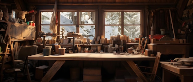 Holzbearbeitungsschreibtisch, ein rustikales Zimmer am Fenster