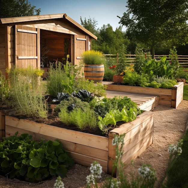 Holzbetten in modernen Gärten für den Anbau von Pflanzen, Kräutern, Gewürzen und Gemüse