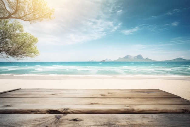 Holzboden an einem Strand mit tropischer Landschaft