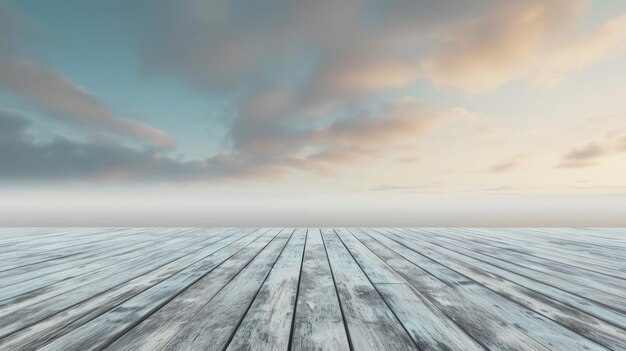 Holzboden mit bewölktem Himmel im Hintergrund