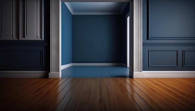 Holzboden und dunkelblauer Wand leerer Raum