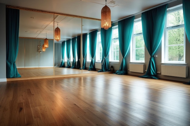 Holzboden und ruhige Atmosphäre in einem Yoga-Studio, das mit generativer KI erstellt wurde
