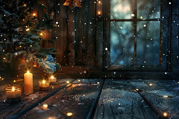 Holzboden und Weihnachtsbaum mit angezündeten Kerzen