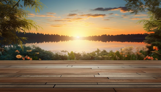 Holzboden vor wunderschöner Seelandschaft mit Wald und Himmel bei Sonnenuntergang