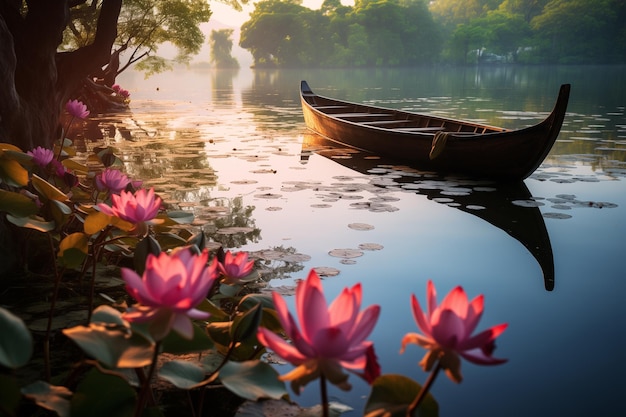 Holzboot auf einem See mit blühenden rosa Lotusblumen