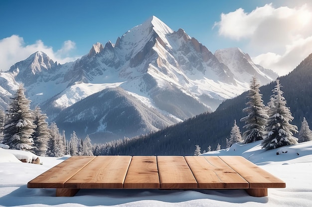 Holzbrett gegen eine schneebedeckte Berglandschaft für ein Produkt mit Winterthema