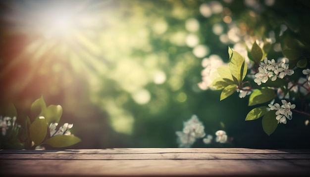 Holzbrett in einem Garten mit Frühlings- und Blütenblumen. KI-generativ