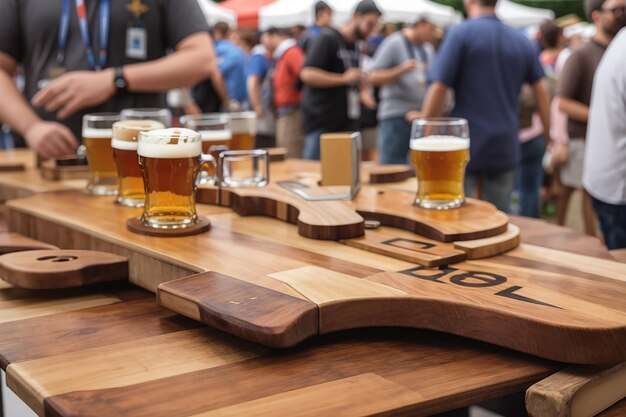 Foto holzbrett in einem geschäftigen bier- und braufest