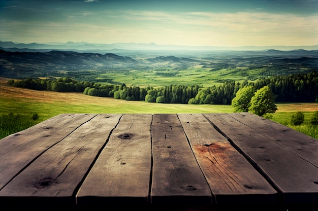 Holzbrett mit Podium und grüner Berglandschaft ai generativ