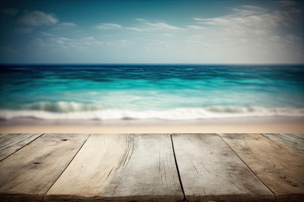 Holzbrett mit unscharfem Strand und Meer