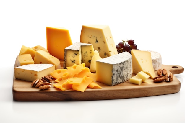 Foto holzbrett mit verschiedenen käsesorten auf weißem hintergrund
