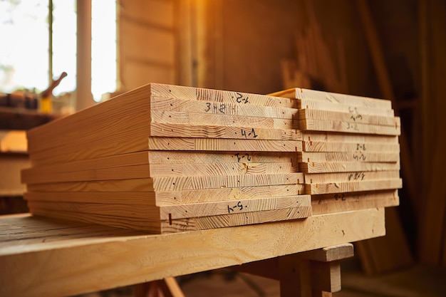 Holzbretter werden in einem Sägewerk oder einer Tischlerei gestapelt Sägetrocknung und Vermarktung von Holz Industrieller Hintergrund