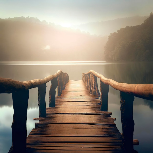 Foto holzbrücke mit seehintergrund