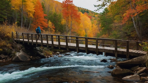 Holzbrücke über einen Bergfluss im Herbstwald an einem bewölkten Tag