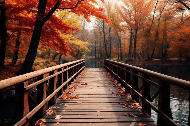 Foto holzbrücke über einen fluss im herzen des herbstes