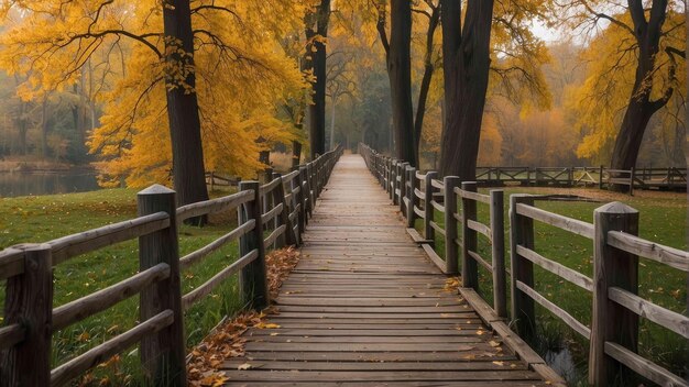 Holzbrücke über einen ruhigen Teich im Herbstpark