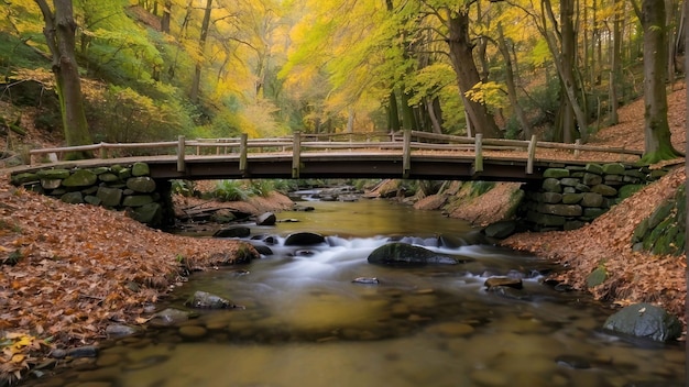 Holzbrücke über einen ruhigen Waldfluss