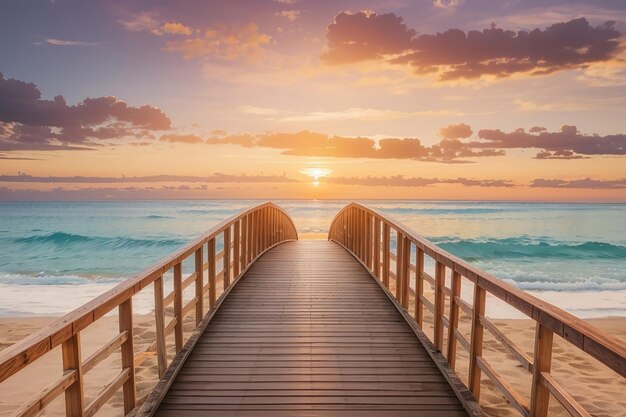 Holzbrücke zum Strand bei Sonnenuntergang