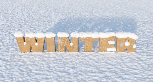 Foto holzbuchstaben mit dem wort winter auf verschneitem boden