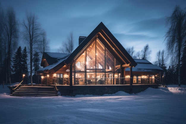 Holzchalet in den Alpen an einem kalten Winterabend