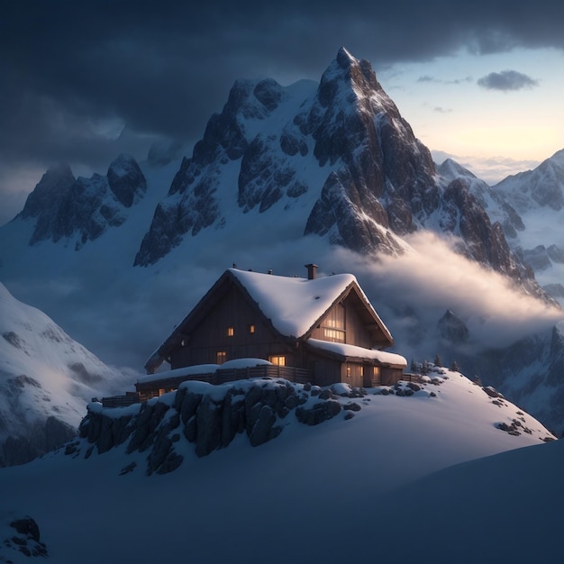 Holzchalet in den Bergen bei Sonnenaufgang