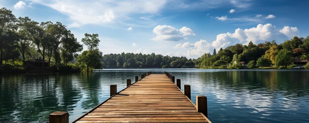 Holzdeck am See mit klarem Himmel