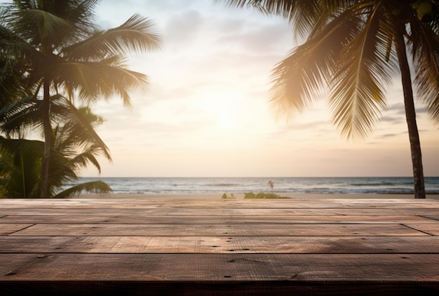 Holzdeck mit tropischem Strand im Hintergrund