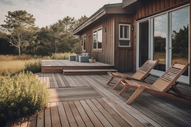 Holzdeck und Liegestühle vor dem gemütlichen Cottage-Außenbereich