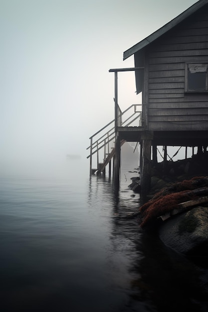 Holzdock und Haus am See im dichten Nebel