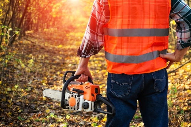 Holzfäller trägt Schutzkleidung und hält Kettensäge in der Hand