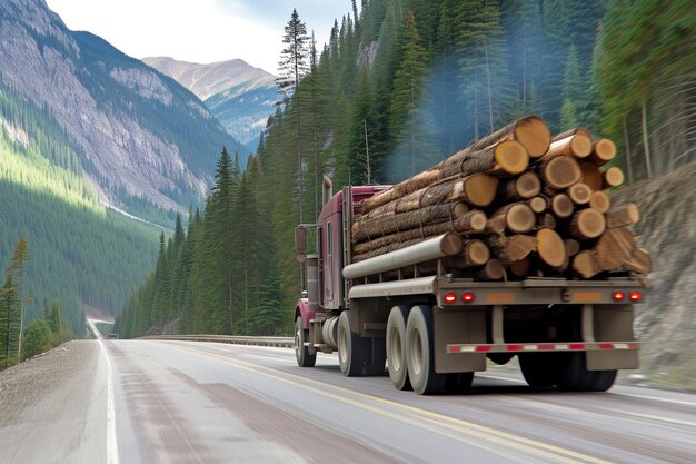 Holzfahrzeug mit Holz fährt auf einer bewaldeten Bergstraße